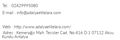 Adalya Elite Lara Hotel telefon numaraları, faks, e-mail, posta adresi ve iletişim bilgileri